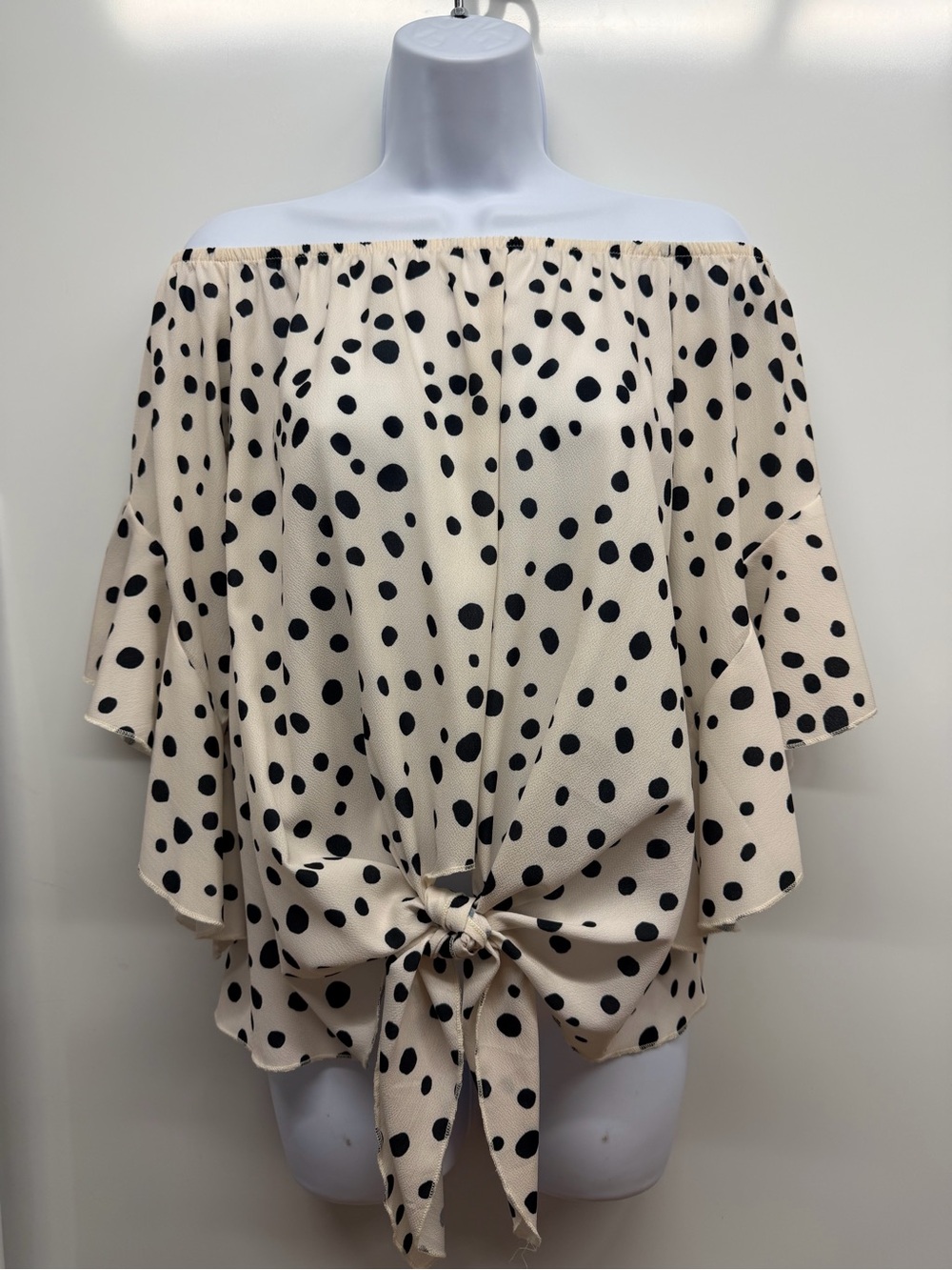 Off-Shoulder Polka Dot Tie-Front Top - Cream/Black